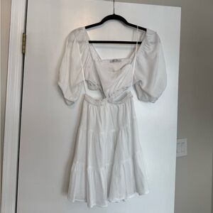 White Cutout Mini Dress with Puff Sleeve